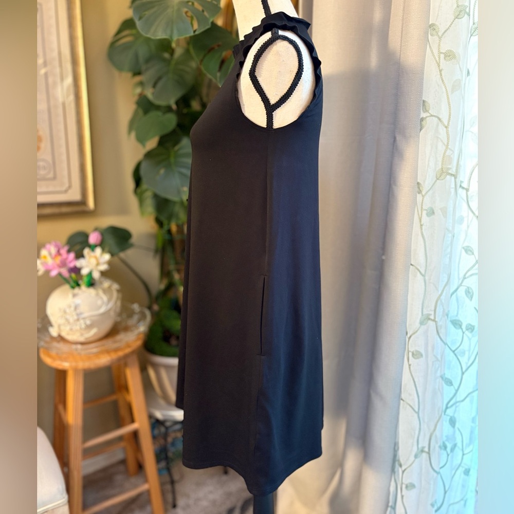 Black Ruffle Trim Mini Sheath Dress with Pockets - Picture 4 of 9
